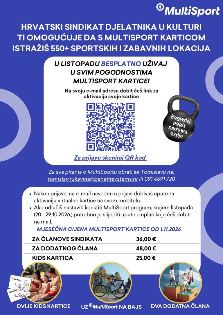Letak: MultiSport kartica za članove Hrvatskog sindikata djelatnika u kulturi, besplatan listopad 2026.